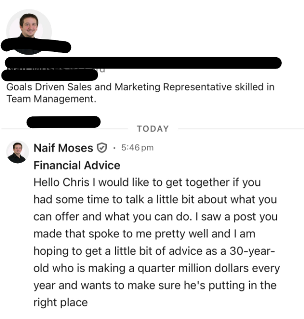 LinkedIn DM from prospect earning 250K wanting to meet